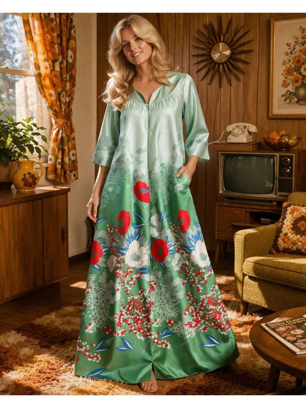 Vintage Princess Green Red Floral Colourful 70s Housedress XL